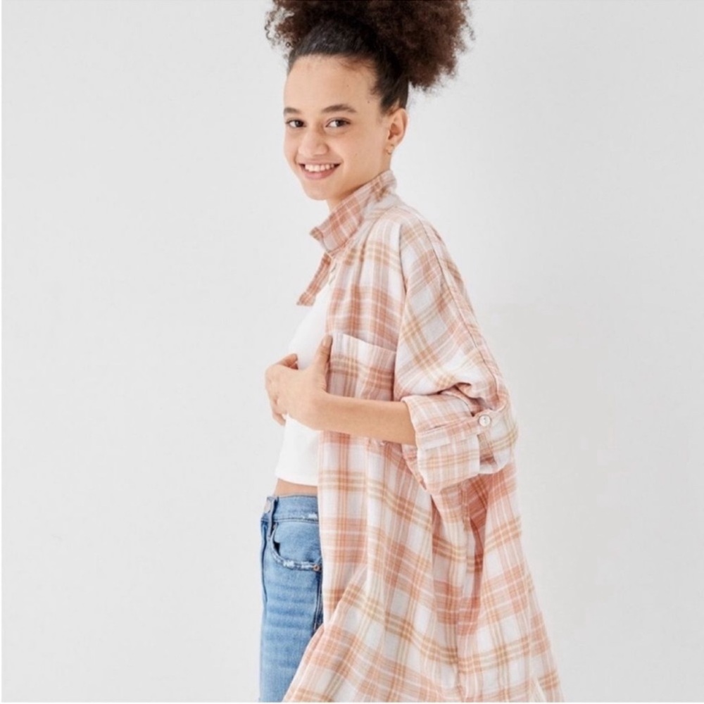 American Eagle Oversized Plaid Button Down Linen Blend Medium - Picture 3 of 14